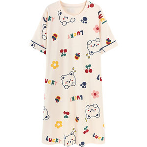 Nightgown for women summer pure cotton short-sleeved mid-length dress casual cartoon pajamas women's home clothes 2025 new
