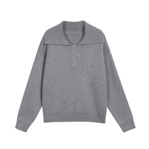 pusumede Casual Template Off-White Half-Zip Pullover Sweater Women's Loose Warm Lapel Knitted Top
