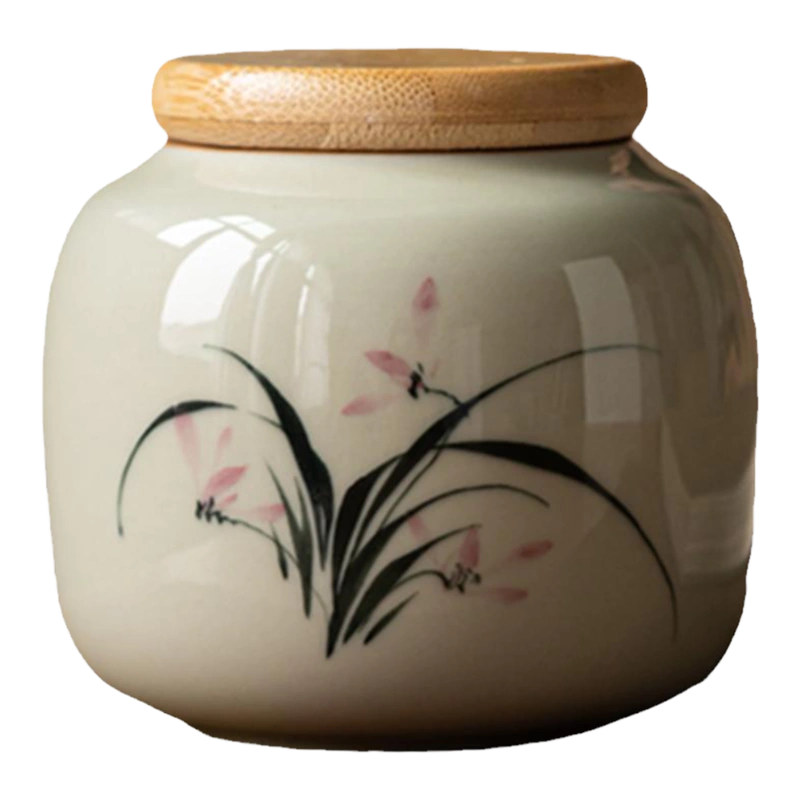 画续草木灰手绘手写茶叶罐密封罐陶瓷存茶罐中式锡盖防潮家用大号 