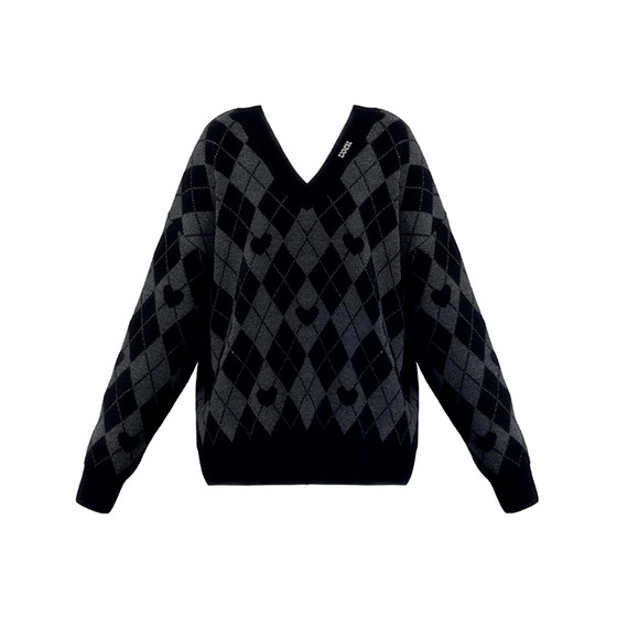 
VOCK Retro Sweetheart American Love Diamond Pullover Sweater Autumn and Winter Knitted Jacket Lazy Style Loose Sweater