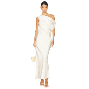 
SNDYS CALISSA long dress champagne color high-end satin ruffled off-shoulder dress REVOLVE new style