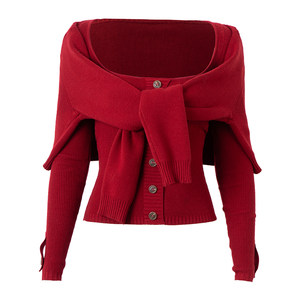 
PynkiSwear red/white fake two-piece imitation shawl lace-up sweater slim knitted short top for women