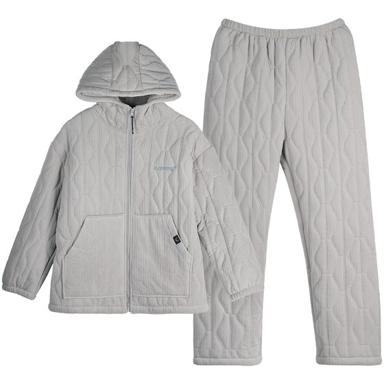
Xuanliang couple hooded pajamas for women in winter three-layer thick cotton jackets for men's coral fleece home clothes set