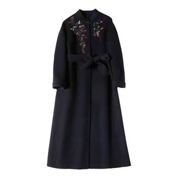 Qi Dai embroidered pure wool double-sided velvet slim coat