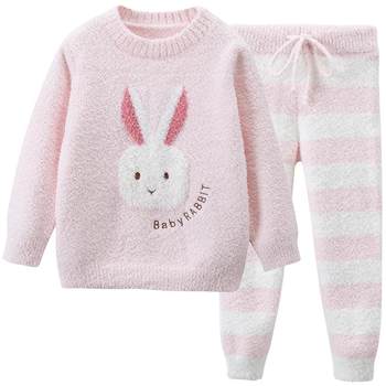 Autumn and winter and half -side ploated children's pajamas coral velvet home clothing

