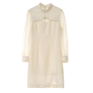 
SOMSOM/Soma Spring and Autumn New Chinese Stand-Linged Collar Lace Spliced ​​Dress for Women High-Ware Slit Chinese Style Mid-Long Skirt