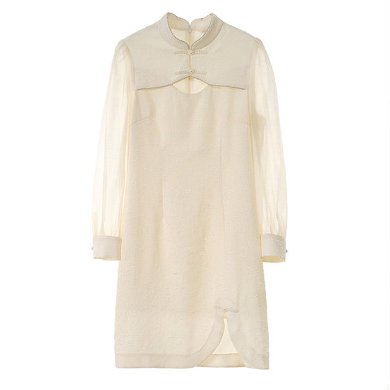 
SOMSOM/Soma Spring and Autumn New Chinese Stand-Linged Collar Lace Spliced ​​Dress for Women High-Ware Slit Chinese Style Mid-Long Skirt