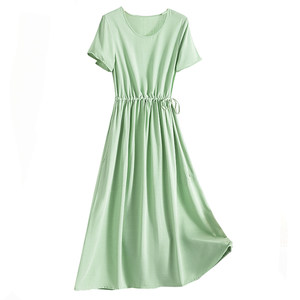 
Summer cotton silk dress for women 2026 solid color V-neck short-sleeved temperament waist mid-length skirt to wear artificial cotton silk skirt