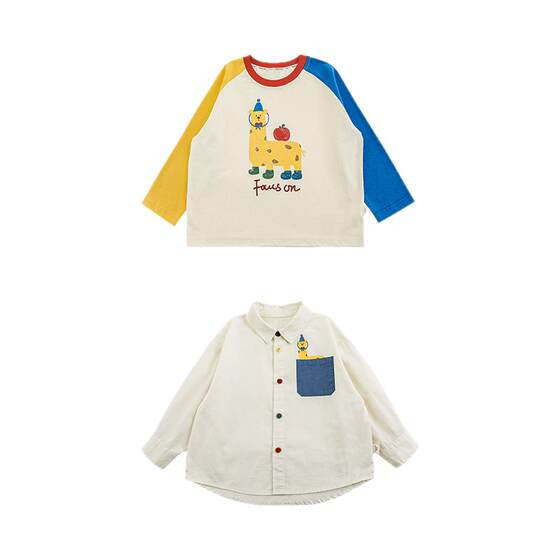 
Young boys' spring new long-sleeved round neck contrasting color cartoon T-shirt colorful button lapel loose children's shirt