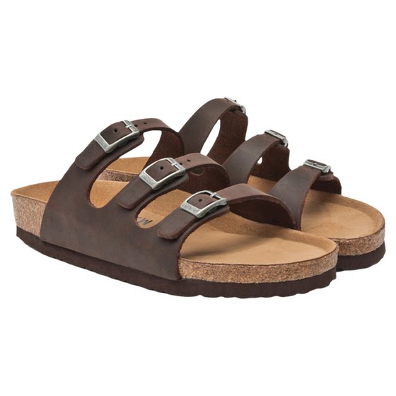 
Yuichi wood Birkenstock sandals summer women's sandals real cork sole three-row buckle first layer cowhide crazy horse leather retro