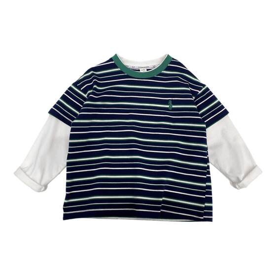 
Boys' fake two-piece pure cotton T-shirt 2026 for older children with contrasting color stitching Korean style long-sleeved bottoming shirt baby sweatshirt t