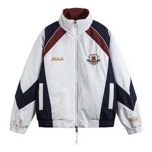 
Wukong has in stock trendy American-style contrasting color stitching thickened stand-up collar cotton clothes for men and women winter retro couple warm cotton clothes