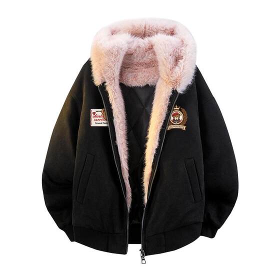 
Charles Heart Bear Badge Printed Mountain Carving Cotton Coat for Men and Women Fur Collar Hooded Thickened Couple Cardigan Jacket