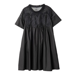 Boucherie Round Neck Lace Hollow Splicing Dress 2026 Summer Loose A-line Short Sleeve Black Shirt Dress for Women