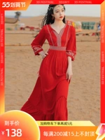 Этническое шифоновое красное платье, длинная юбка из провинции Юньнань, этнический стиль, V-образный вырез