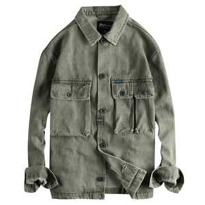 
Heavy distressed washed brown workwear denim jacket for men, retro trendy three-dimensional pocket youth cardigan jacket
