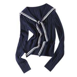 
Greater than poetry collection navy blue define navy collar cable tie college style short sweater women's bow sweater