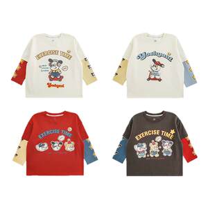 
Youyou Boys Long Sleeve Round Neck Cartoon Contrasted Color Fake Two-Piece T-shirt Spring Fashion Soft Skin-friendly Versatile Top Trendy