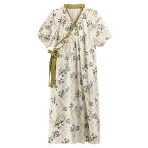 
Yunduo cotton lace-up nightgown for women summer sweet short-sleeved nightgown kimono mid-length with chest pad pajamas home wear