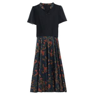 
Noble women's new Chinese silk floral cheongsam dress summer short-sleeved temperament mother slim chiffon skirt