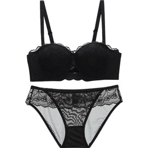 
Six Rabbits Sexy Lace Underwear Women's Small Breast Gathering Bra Set Without Wires Black Collection Bra Set
