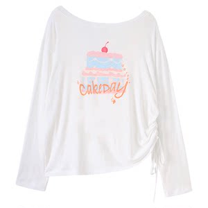 
Original design with ears uare It's a day to eat cake Off-shoulder cake print Tencel T-shirt blouse