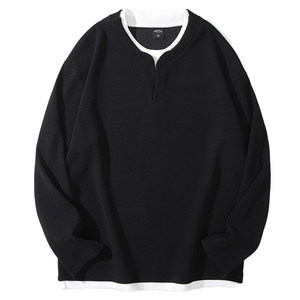 
High-end textured fake two-piece long-sleeved T-shirt for men 2026 spring new loose large size Henry collar T-shirt top