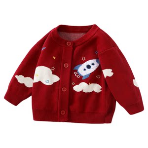 
Baby sweater autumn and winter baby boy knitted sweater plus velvet coat boy cardigan infant red one-year-old New Year's clothing