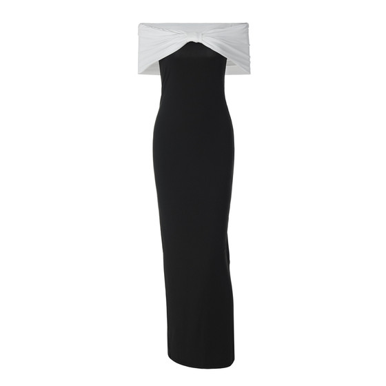 
shemoda European and American style contrasting color splicing one-line collar dress, feminine, high-waisted, slimming, slit long skirt