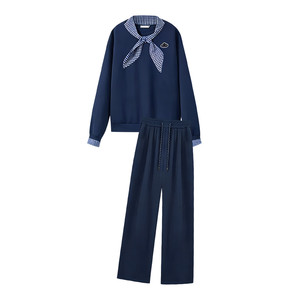 
Maternity suit spring and autumn 2026 new dark blue pregnancy wear loose belly-covering round neck sweatshirt and pants two-piece set
