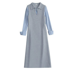 
Maternity Dress Spring and Autumn 2026 New Gray Korean Style Shirt Spliced Long Sleeve Lapel Mid-Length Sweatshirt Skirt