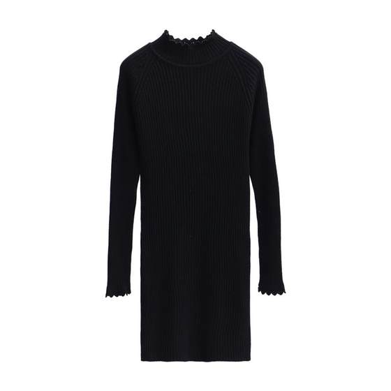 Mid -long sweater female covered buttocks new knitted slim skirt Black half -high neck thick solid color inner bottom shirt