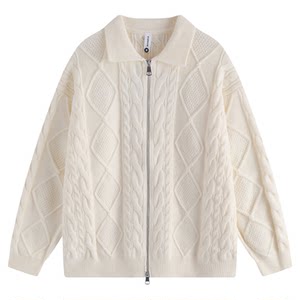 
HTTAOSUP autumn and winter solid color diamond texture twisted flower cardigan sweater men's trendy brand loose couple knitted jacket