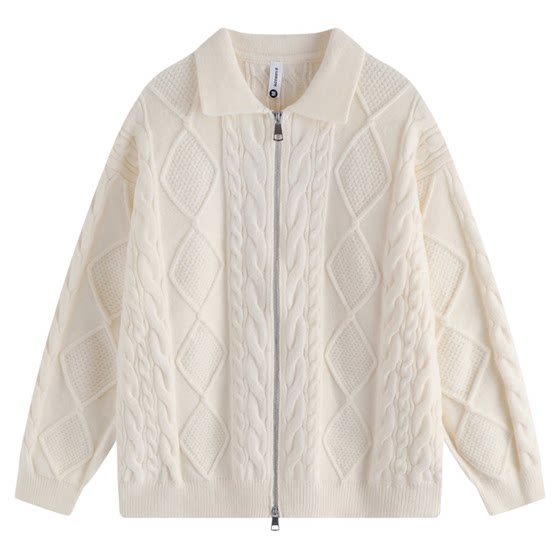 
HTTAOSUP autumn and winter solid color diamond texture twisted flower cardigan sweater men's trendy brand loose couple knitted jacket