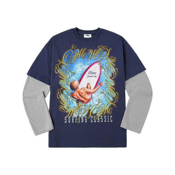 
WHOOSIS (unknown name) glitter printed fake two-piece long-sleeved T-shirt spring American retro casual men and women