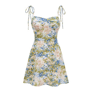 Go Girl Go French Vintage Shoulder Strap Printed Suspended Dress Women's Summer Slim Fit Waist A Line Seaside Short Skirt