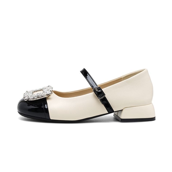 honeyGIRL retro thick heel Mary Jane shoes women's 2025 rhinestone single shoes square toe patent leather French leather shoes
