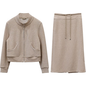 Yisanliangpin petite thickened velvet sweatshirt cardigan skirt set stand-up collar top and skirt two-piece set