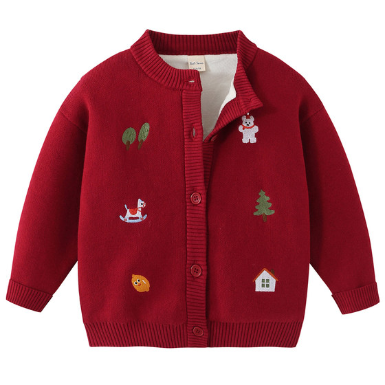 
[Cotton 100%] Children's pure cotton knitted cardigan spring and autumn boys and girls sweater jacket red New Year's clothing 8177