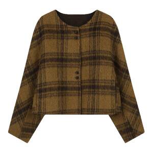 
solighter French wool short plaid double-sided tweed jacket for women autumn and winter new round neck temperament top