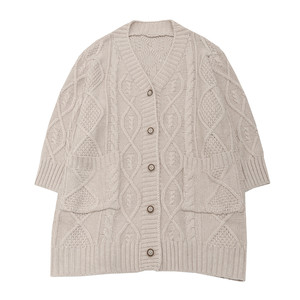 
KNgs autumn and winter retro grandma style loose twist solid color thickened mid-length v-neck sweater cardigan jacket for women