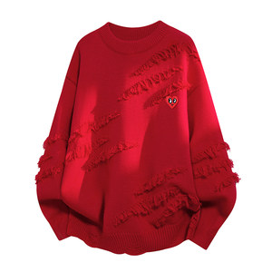 
Charles Love Heart Red Year of the Horse Holed Tassel Round Neck Sweater Men's Autumn and Winter Lazy Couple Sweater
