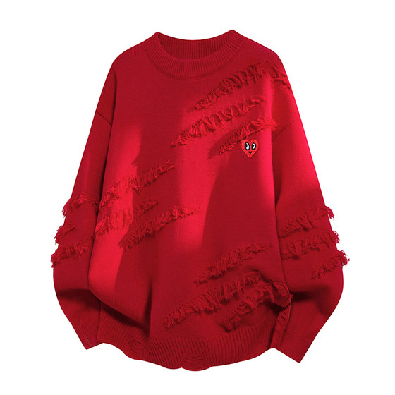 
Charles Love Heart Red Year of the Horse Holed Tassel Round Neck Sweater Men's Autumn and Winter Lazy Couple Sweater