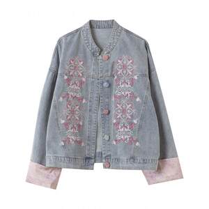 
Boucherie Jacquard Embroidery Splicing Denim Jacket 2026 Spring New Chinese Style Versatile Loose Large Size Women's Clothing