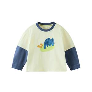 
[7A Antibacterial Pure Cotton] Qiqi Bear Baby Long Sleeve T-shirt Spring and Autumn Fake Two-piece Boy Round Neck Children's Top Women