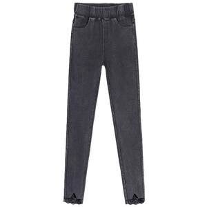 Eight -point small denim bottom pants female plus velvet thick waist, thin waist, thin, warm nine -pointer pencil pants
