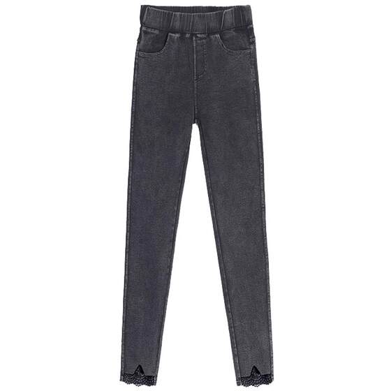 Eight -point small denim bottom pants female plus velvet thick waist, thin waist, thin, warm nine -pointer pencil pants

