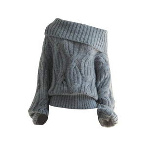 
Mogas heavyweight young horse sea wool blend lazy lantern sleeve one-length collar rope pullover sweater for women spring and autumn