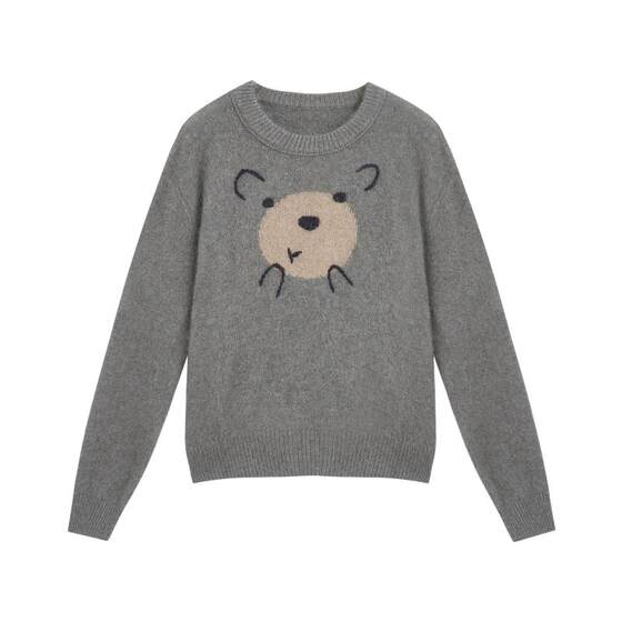 
Zihan gray wool round neck sweater for women 2025 winter new cute bear embroidered pullover knit top