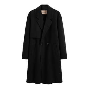 Peacebird men's black casual winter lapel wool coat men's mid-length flat collar jacket